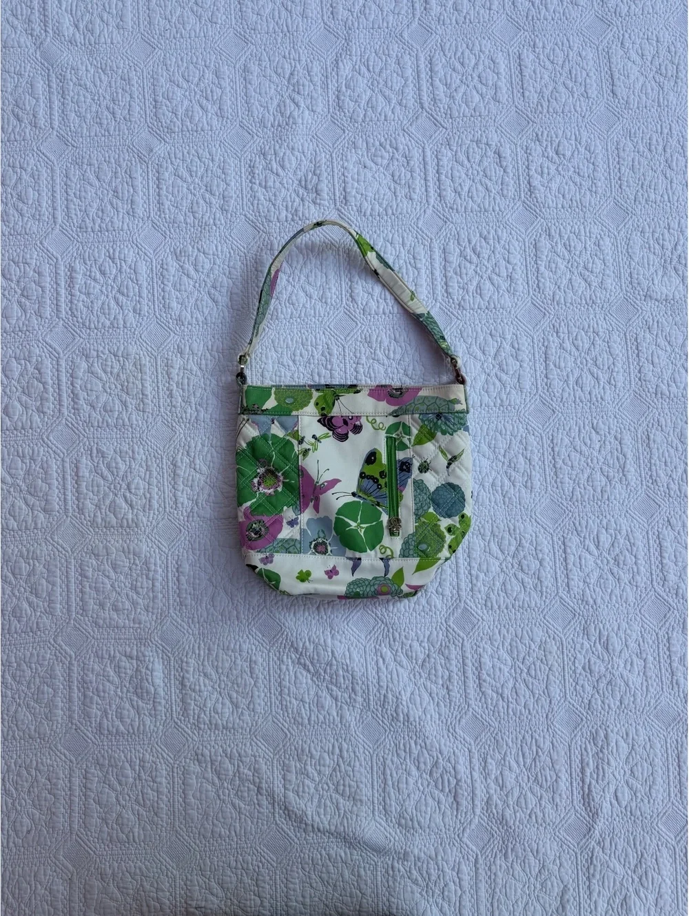 Vera Bradley Quilted Floral and Butterfly Print Shoulder Bag with Green Zipper